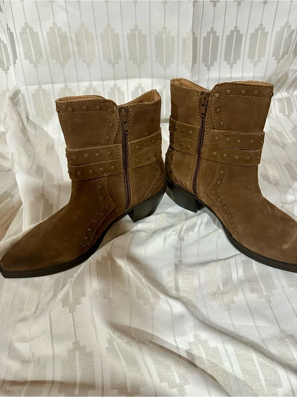 Crown Vintage Tan Suede Studded Ankle Boots with Buckle - Picture 3 of 6